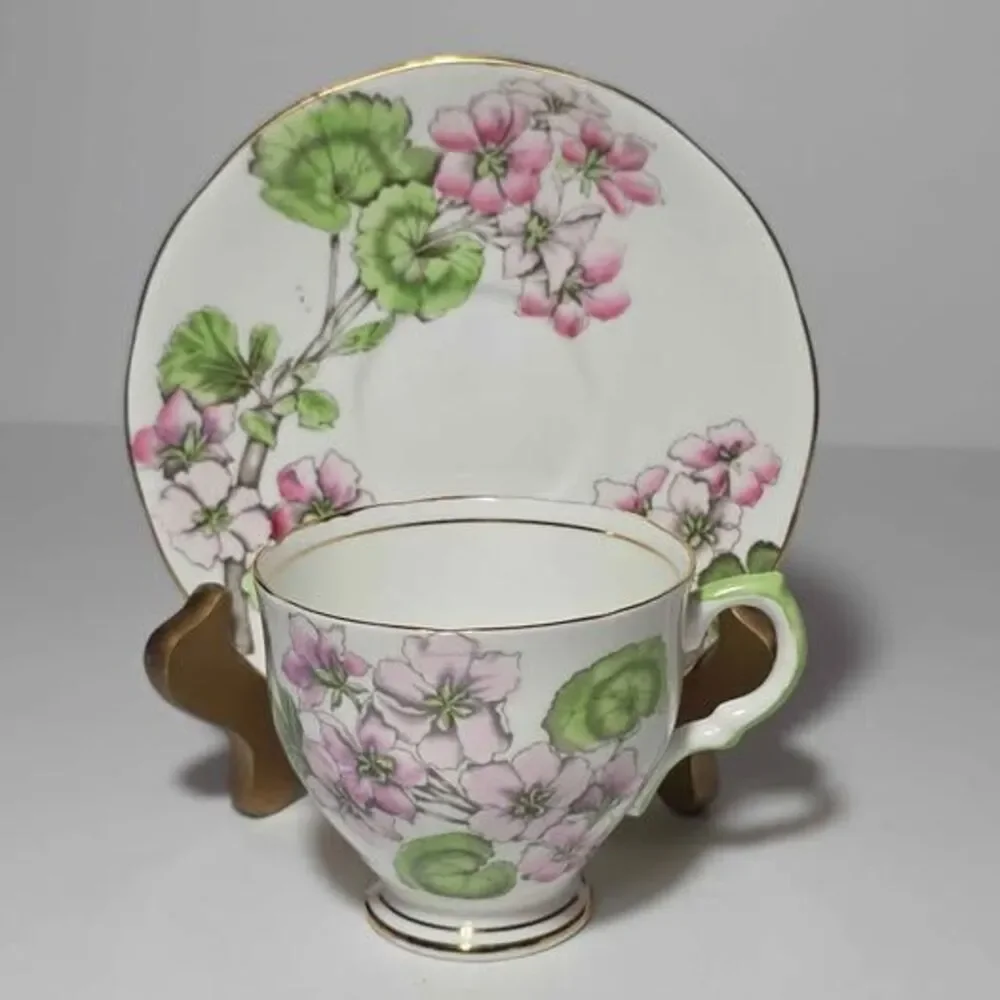 Salisbury Teacup and Saucer Pink Geraniums Vintage